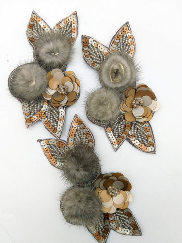 Grey and Antique Gold Hand Embroidered Floral Applique, Beaded and Sequins Applique